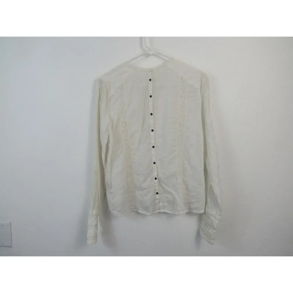 Free People Medium Cotton White Long Sleeve Blouse Button Back Crochet Cutouts